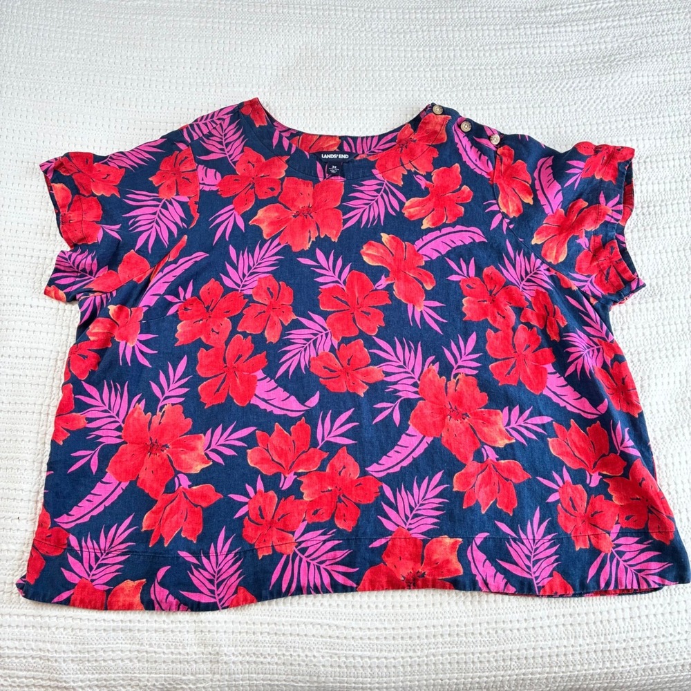 Lands End 100% Linen Top Short Sleeve Floral Oversized Boxy Tropical 3XL